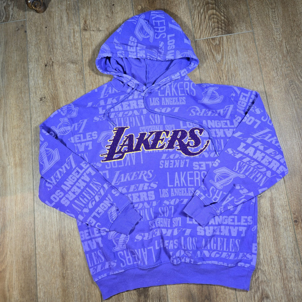 NBA Los Angeles Lakers Hoodie Mens M Purple AOP Spellout Logo Pullover 2022